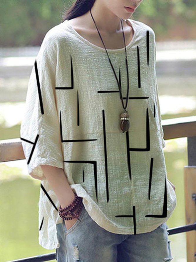 New Women Casual Loose Solid O-neck Shirt Half Sleeve Cotton Linen Top