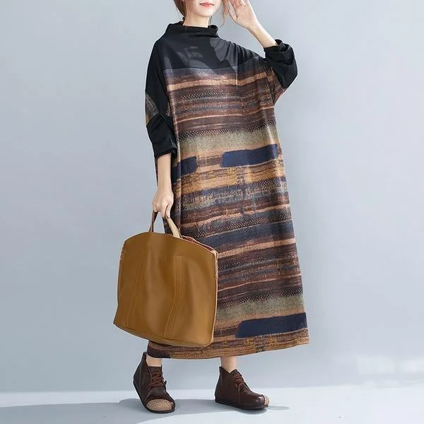 long sleeve plus size cotton wool vintage floral women casual loose autumn winter dress