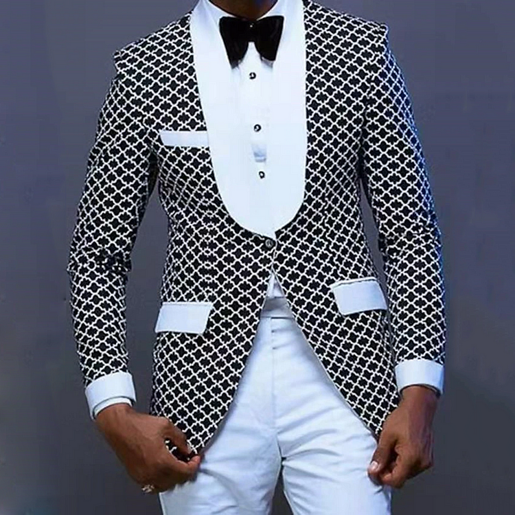 Men's Fashion Contrast Color Geo Pattern Shawl Lapel One Button Pocket Long Sleeve Blazer