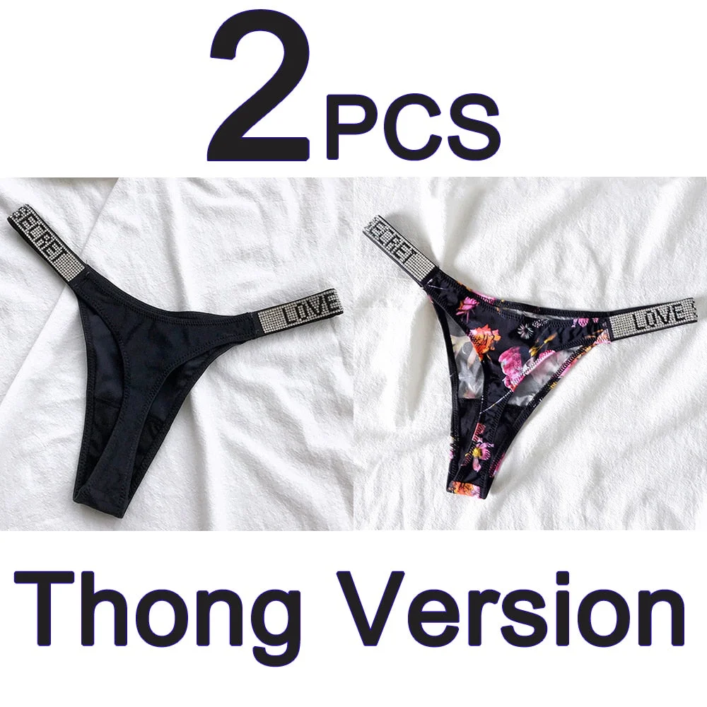 2PCS Sexy Low Waist Panties G String Comfort Satin Underwear Women Rhinestone High Fork Thong Seamless Intimates Lingerie Cotton