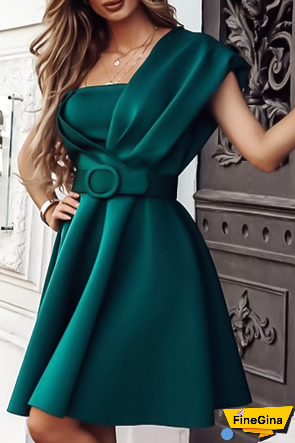 Party Solid Patchwork One Shoulder Waist Skirt Dresses