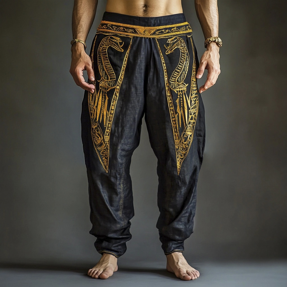 Egyptian Golden Snake Totem Men's Linen Trousers
