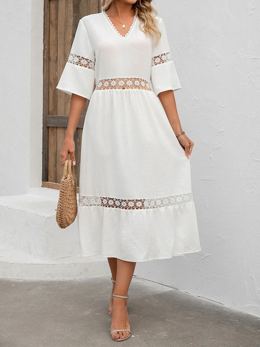 Women's Short-sleeved V-neck Hollow Lace Casual Dress