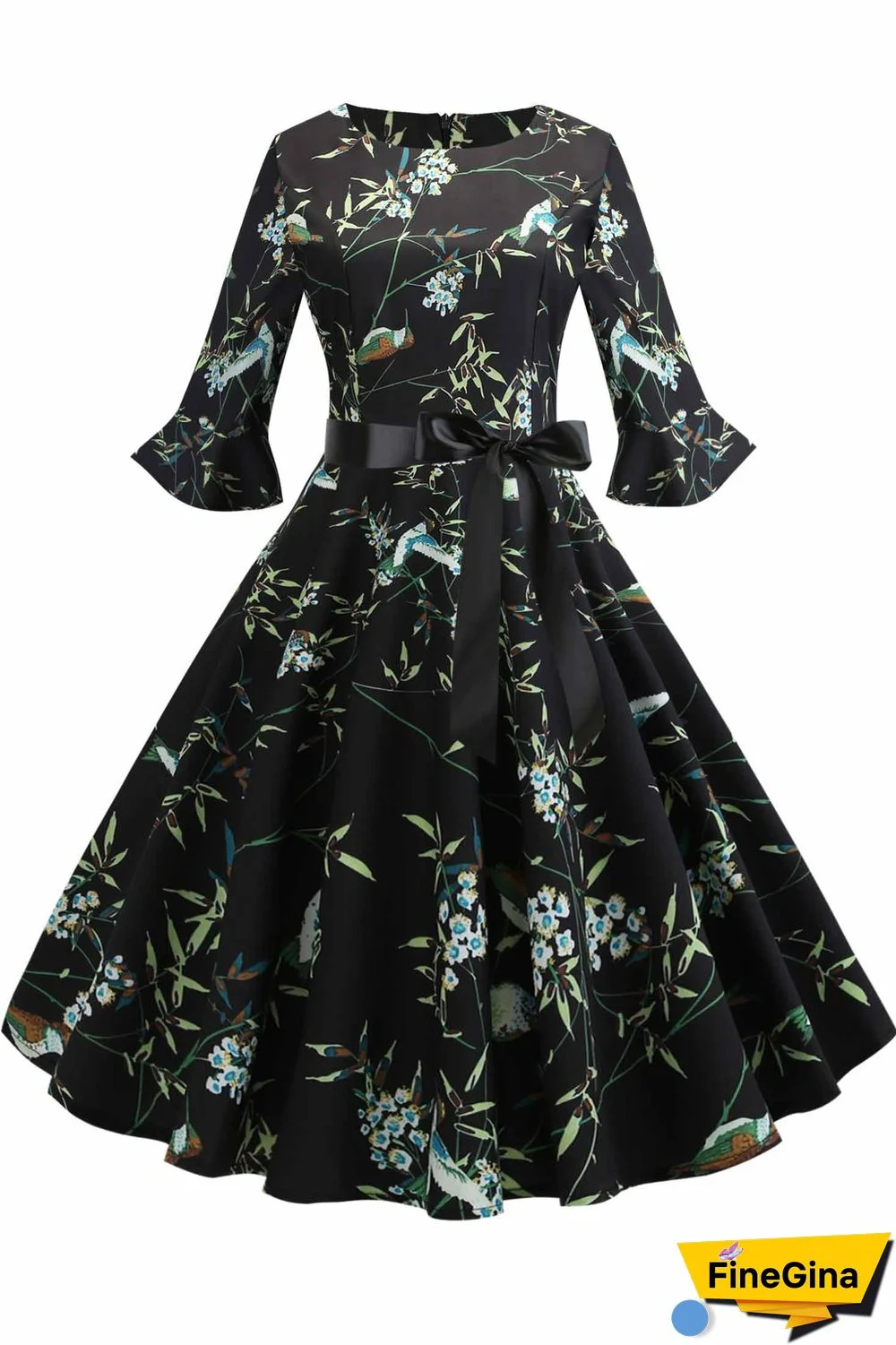 Floral Print Boatneck A-line Dress