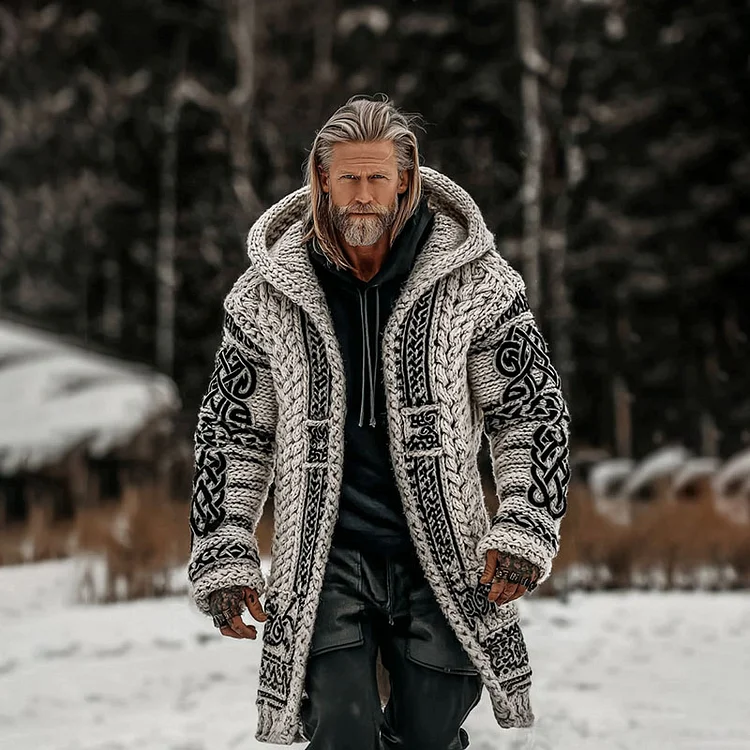 Men's Vintage Viking Celtic Knot Art Chunky Knit Mid-length Hooded Cardigan Sweater