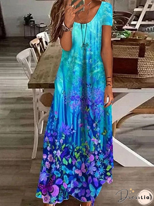 Womens Dress Casual Shift Long Maxi White Blue Green Short Sleeve Floral Print Spring