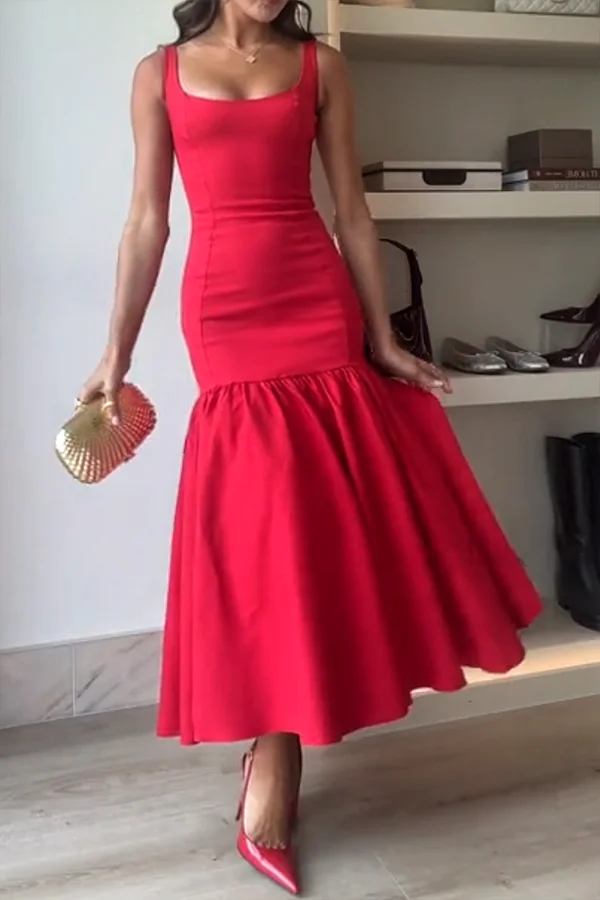 Graceful Silhouette Square Neck Wide Strap Drop Waist Midi Dress