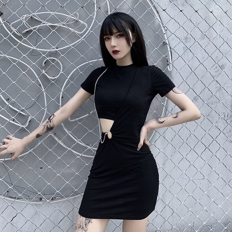 Versatile Chain O-ring Waist Cut Out Dress