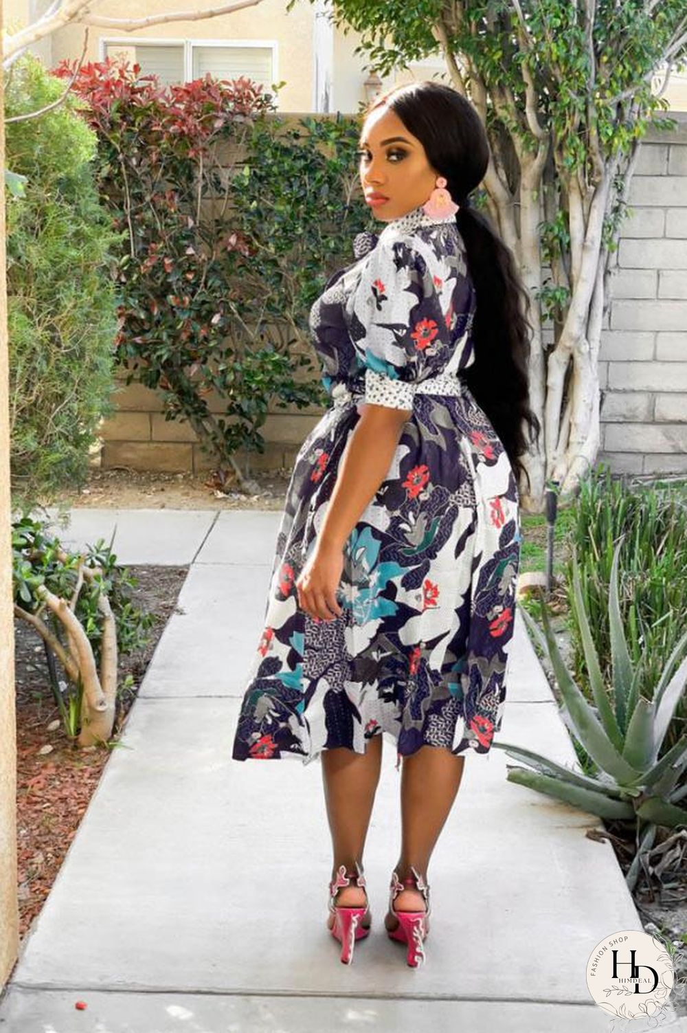 Navy Blue Polyester Fashion Sexy Cap Sleeve Half Sleeves Turndown Collar Step Skirt Mid-Calf fastener Bowknot