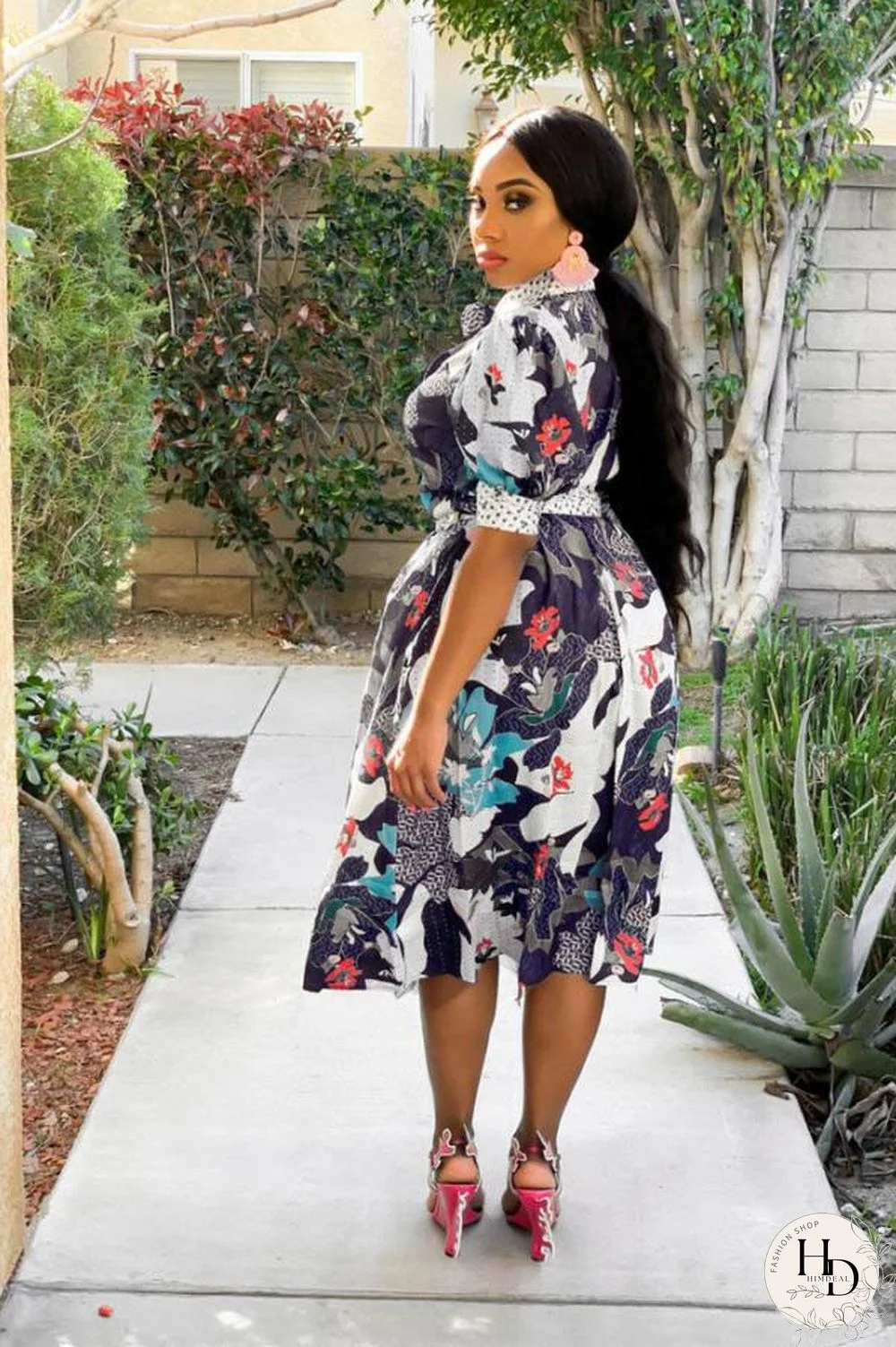 Navy Blue Polyester Fashion Sexy Cap Sleeve Half Sleeves Turndown Collar Step Skirt Mid-Calf fastener Bowknot