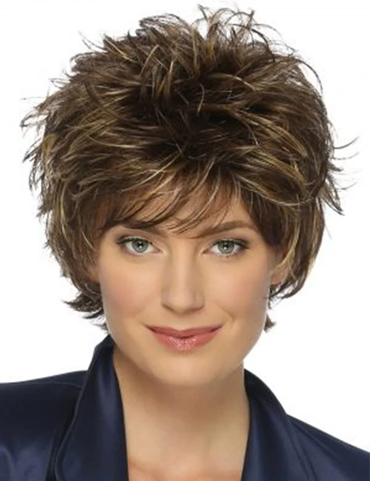 Short Brown Mixed Blonde Highlight Pixie Cut Wigs for White Women