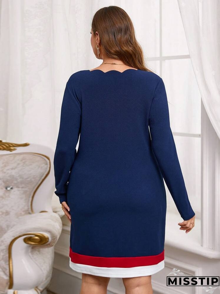 Plus Size Solid Color Splice Long Sleeve Shell Trim Casual Dress