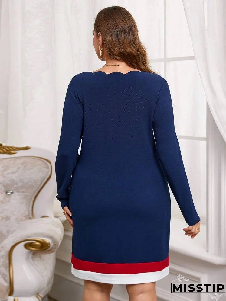 Plus Size Solid Color Splice Long Sleeve Shell Trim Casual Dress