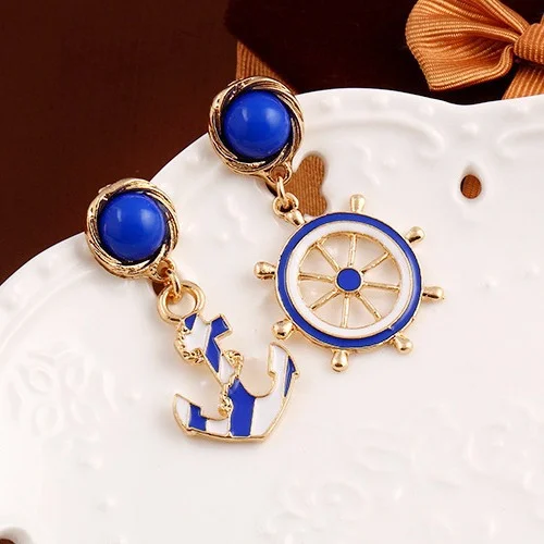 Unique Anchor Motif Enamel Asymmetrical Earrings
