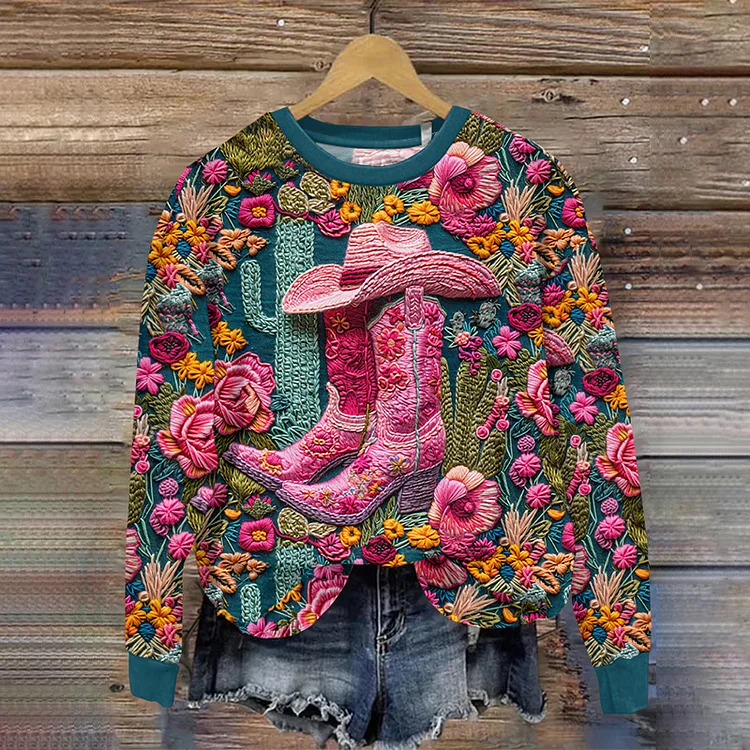 VChics Vintage Western Boots and Floral Art Printed Casual Sweatshirt