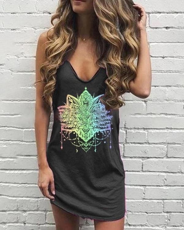 Vintage Print Hollow Out Casual Dress