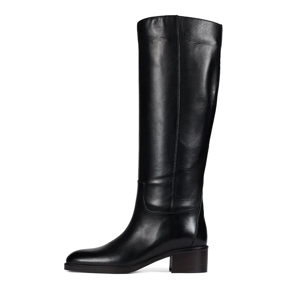 Black Square Toe Block Heel Wide Calf Knee High Boots for Women