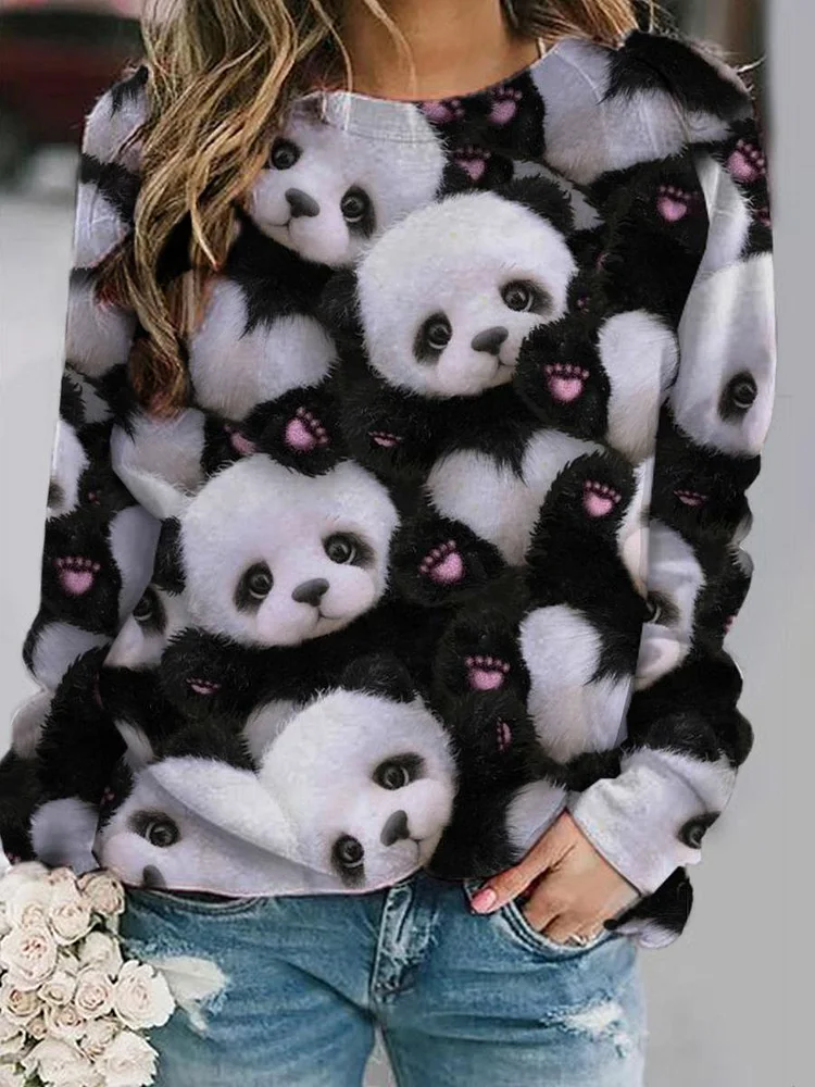 Women's Cute Panda Print Long Sleeve Round Neck Sweatshirt