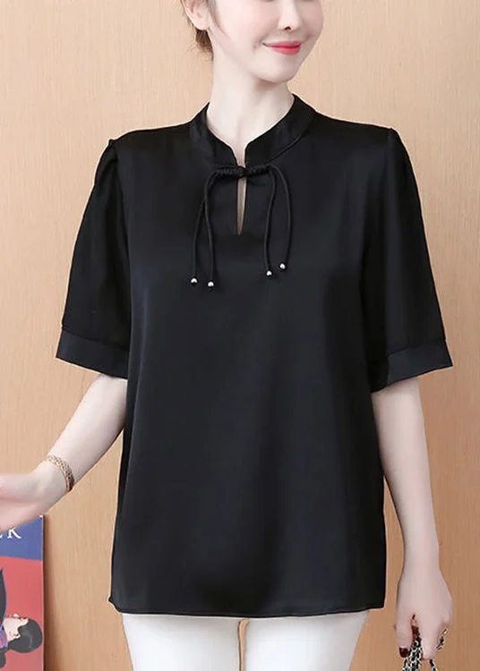 Loose Black Stand Collar ButtonPatchwork Chiffon Tops Summer