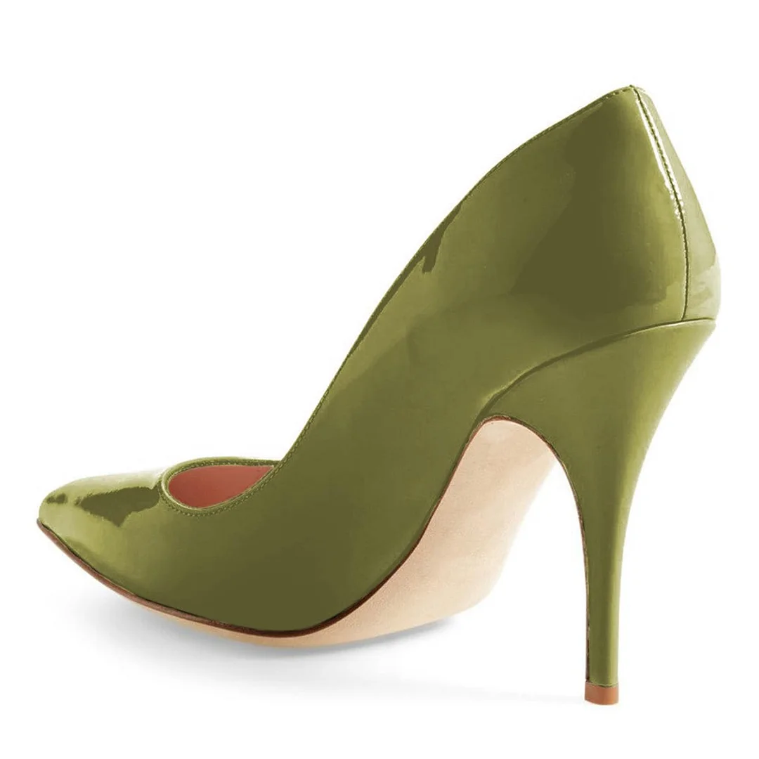 Women's Patent Leather Pointed Toe Classic Pumps Heels in Olive