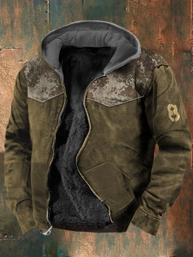 Men's Retro Western Print Velvet Zip Outerwear