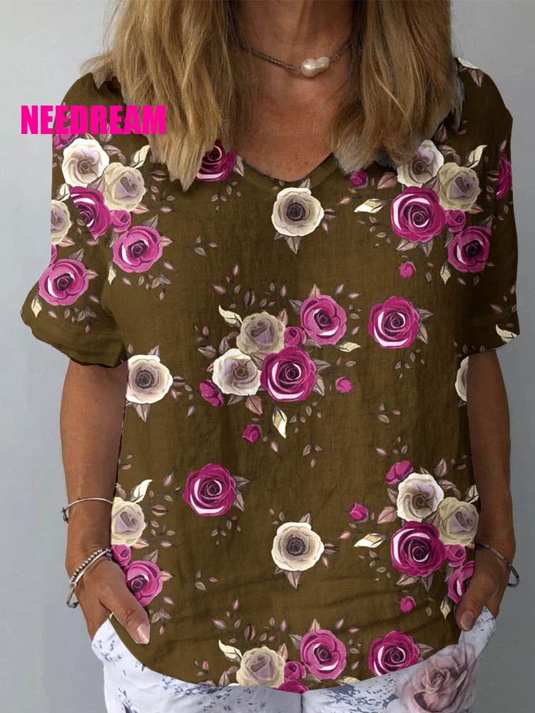 Womens Watercolor Rose Floral Pattern Pattern Print Cotton And Linen Top