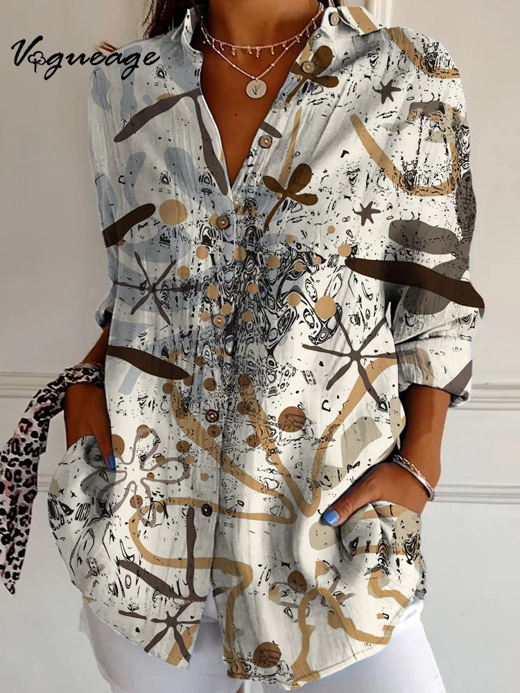 Fashion Graffiti Line Plants Long Sleeves Printed Cotton And Linen Shirt