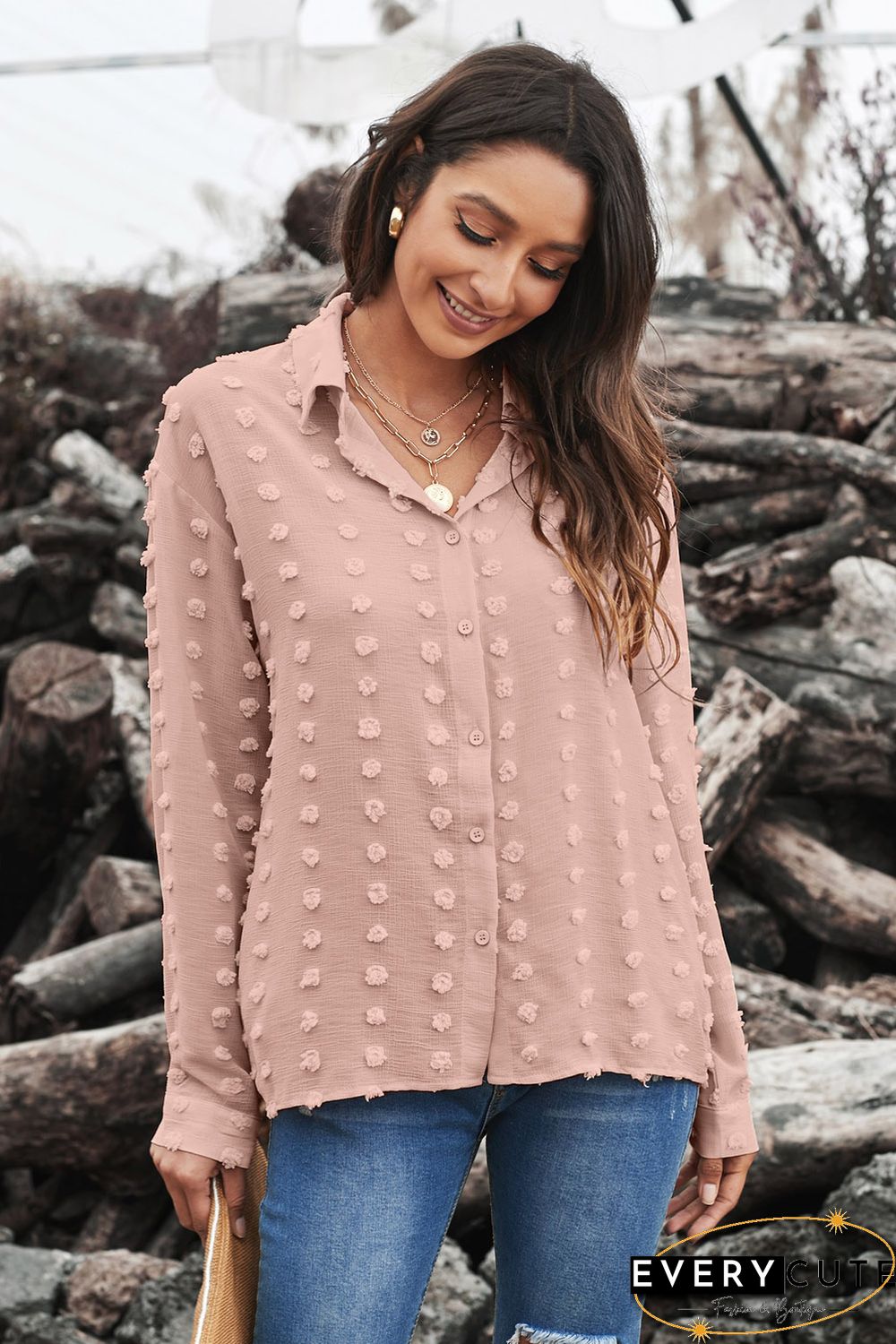 Khaki Long Sleeve Button Fuzzy Polka Dot Shirt