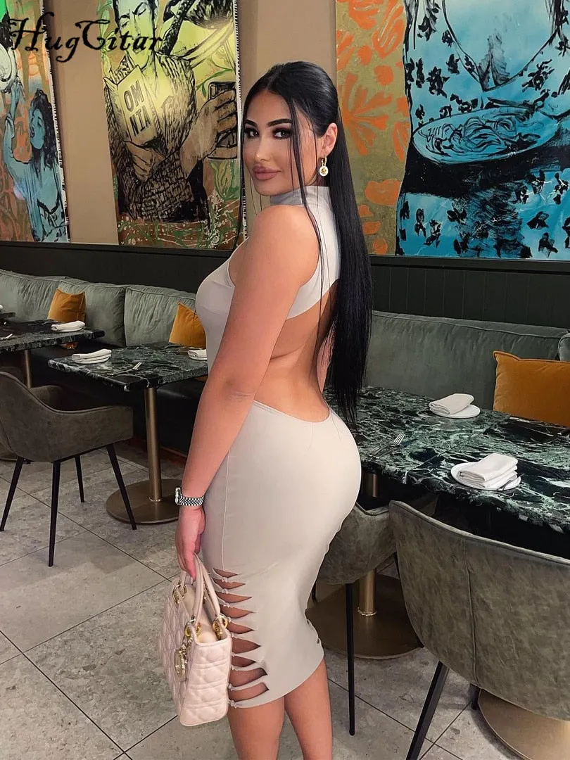 Hugcitar Solid Sleeveless Turtleneck Hollow Out Distressed Maxi Evening Dress 2021 Bodycon Party Elegant Streetwear Vestidos