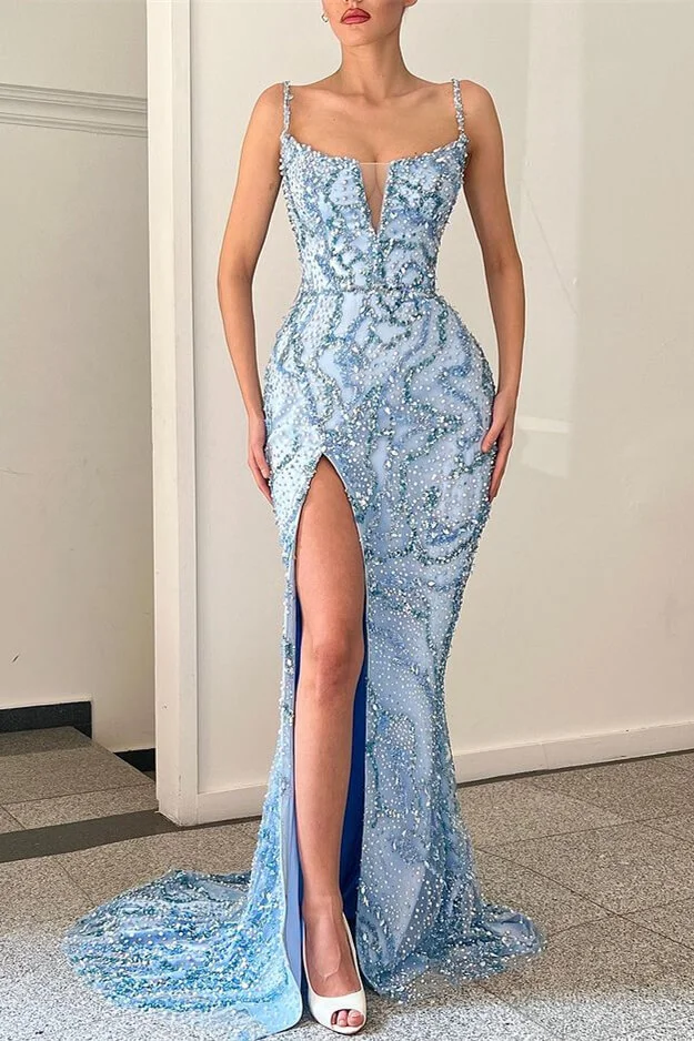 Daisda Shining Blue Spaghetti-Straps Mermaid Prom Dress Split With Squins Beads