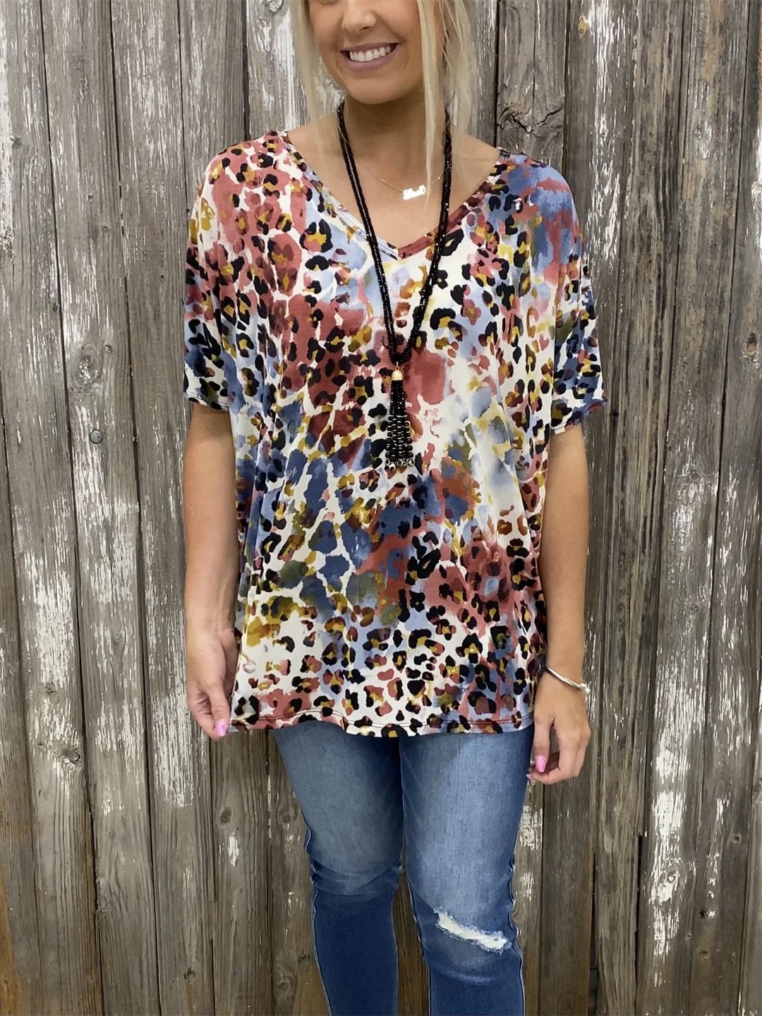 Street Hipster Leopard Print V-Neck Loose Women's T-Shirt