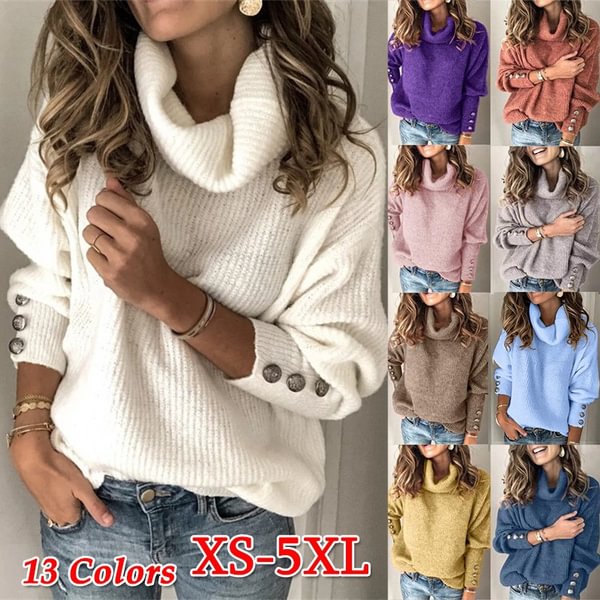 Autumn Winter Warm Knitted Sweaters Loose Knitwear Tops Ladies Casual Solid Color Long Sleeve Turtleneck Pullovers Women's Fashion High Collar Sweaters Plus Size S-5XL - Shop Trendy Women's Fashion | TeeYours