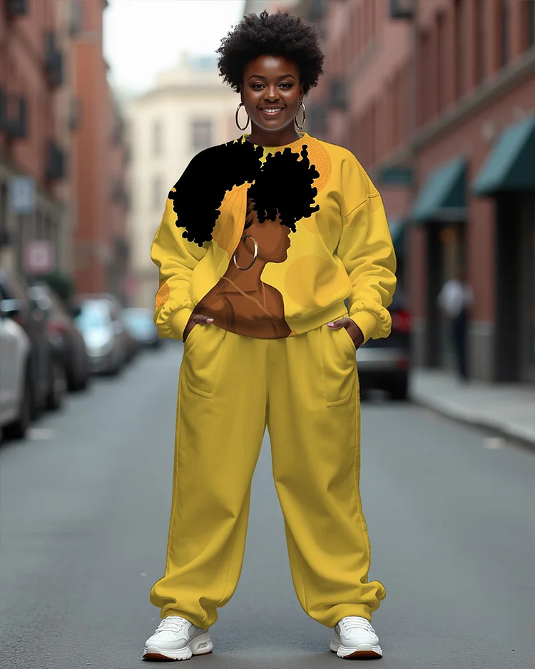Art Pretty Black Girl Print Long-Sleeved Sweatshirt and Solid Color Casual Pants Set