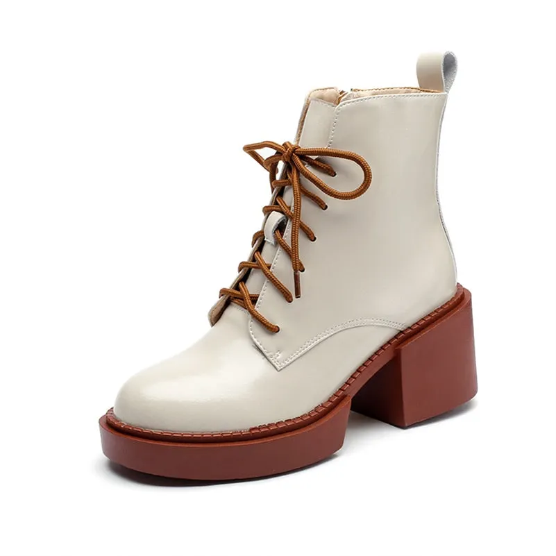 Meotina Women Shoes Genuine Leather Ankle Boots Platform Thick High Heel Boots Round Toe Zipper Lady Footwear 2021 Autumn Winter
