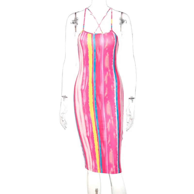 Abebey Tie Dye Print Sleeveless Backless Halter  Midi Dress 2023 Summer Women Fashion Streetwear Outfits Club Clothing