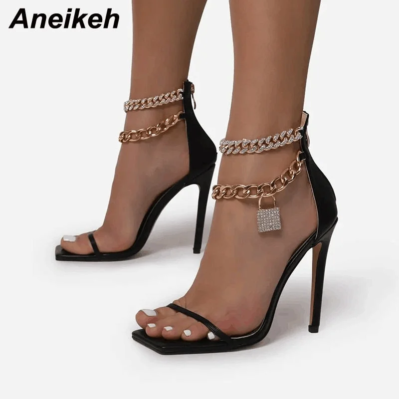 Aneikeh 2021 NEW Summer Women's Shoes Metal Chain Bling Rhinestone Decoration Sexy High Heel Ankle Zipper Ladies Party Shoes