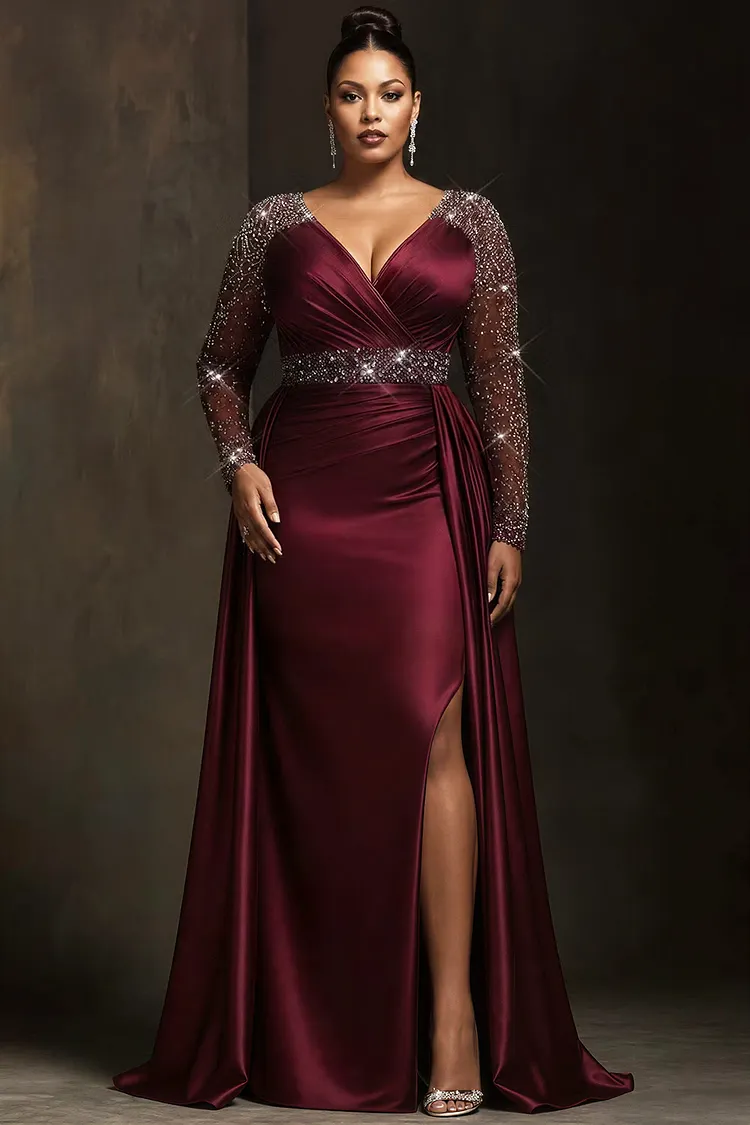 Xpluswear Design Plus Size Formal Tulle Burgundy Wrap Neck Long Sleeve Split With&nbsp;Skirt&nbsp;Overlay&nbsp;Satin Maxi Dresses [Pre-Order] 2024 - Xpluswear