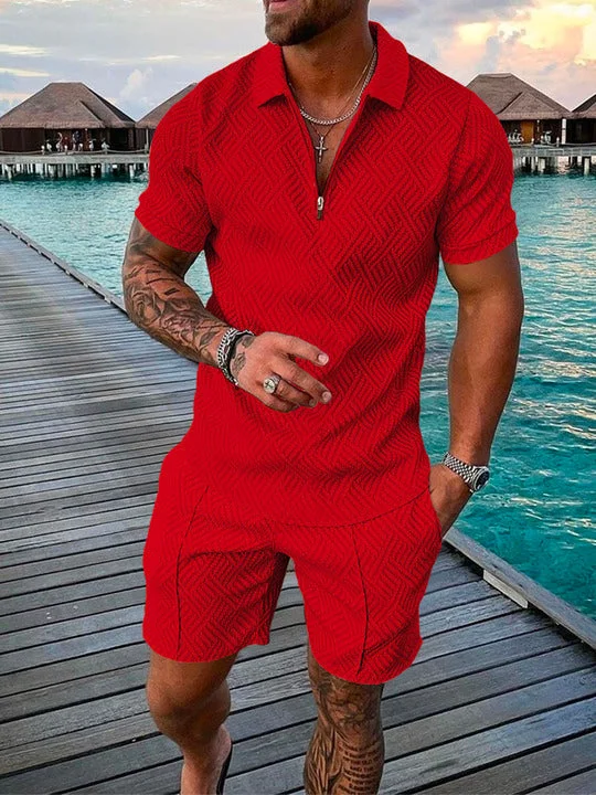 Men's Fashion Red Holiday Floral Print Polo Suit