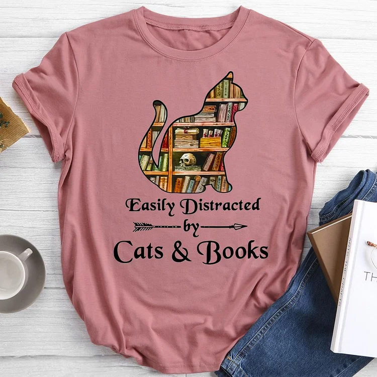 easily distracted cat and books Round Neck T-shirt-0021427