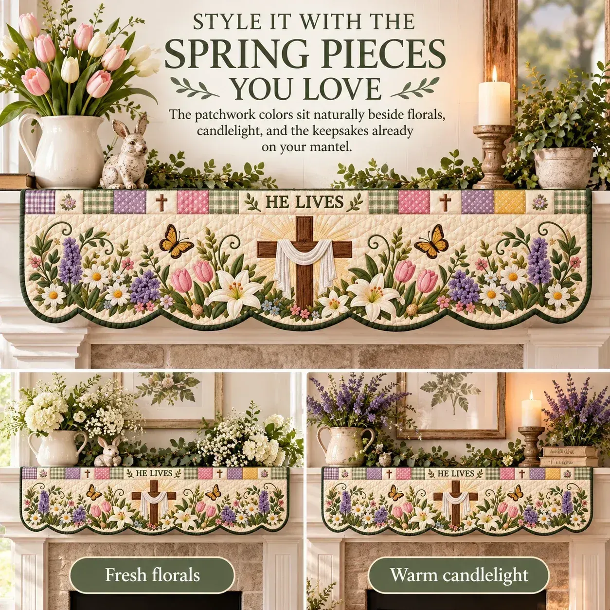 He Lives mantel scarf styled with fresh flowers and with warm candlelight