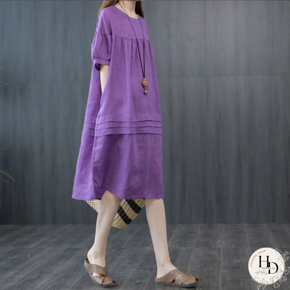 Cotton Dress Women's Casual Loose Plus Size Stitching Folds To Cover Belly Linen