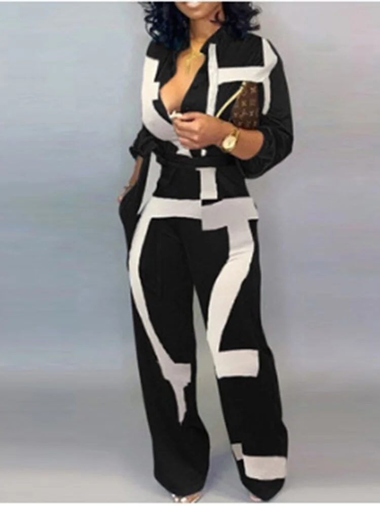 Autumn Elegant Letter Print Lace-up Jumpsuit Women 2023 Fashion Deep V-neck One Piece Overalls Casual Jumpsuits Streetwear
