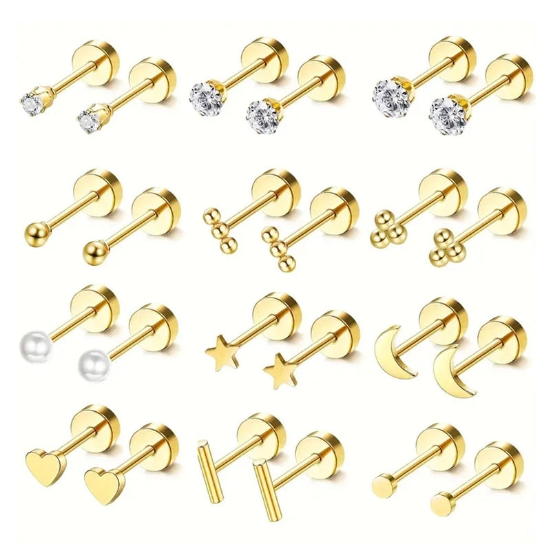 12 Pairs 1 Pair Minimalist Pentagram Round Moon Plating Inlay 304 Stainless Steel Pearl Zircon 18K Gold Plated Ear Studs
