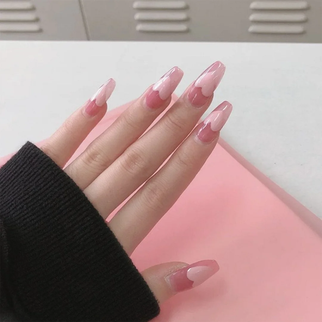 24Pcs Middle Length Ballerina Nude Pink Color False Nails Design With Heart Pattern DIY Artificial Fake Nails With Press Glue 1103 515-Nail Inspo