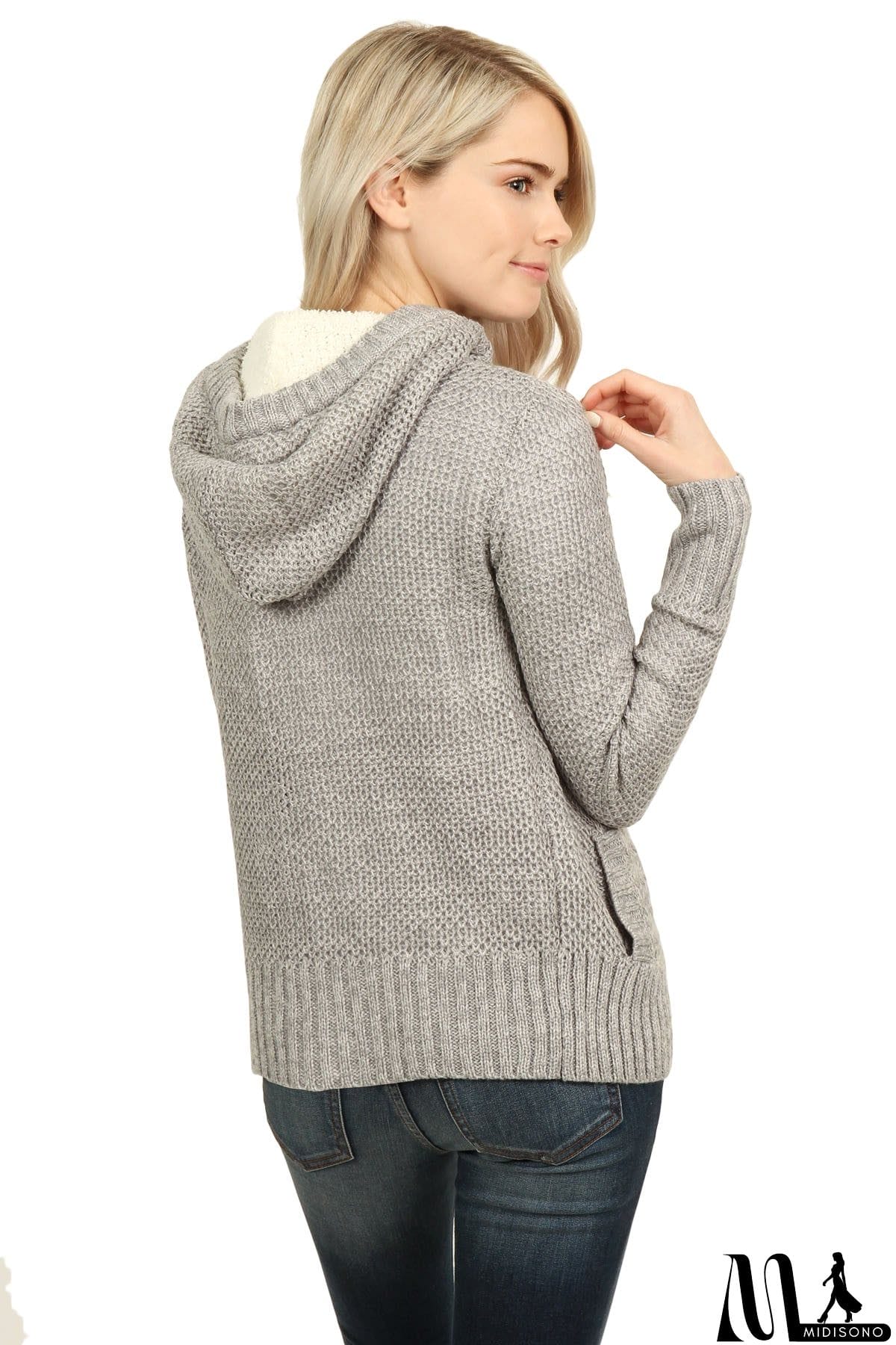 MidiSono - Fleece Hooded Gray Button Cardigan Sweater