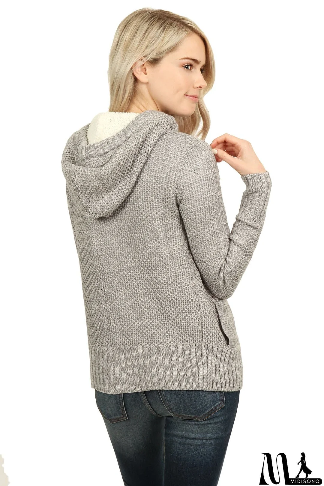 MidiSono - Fleece Hooded Gray Button Cardigan Sweater