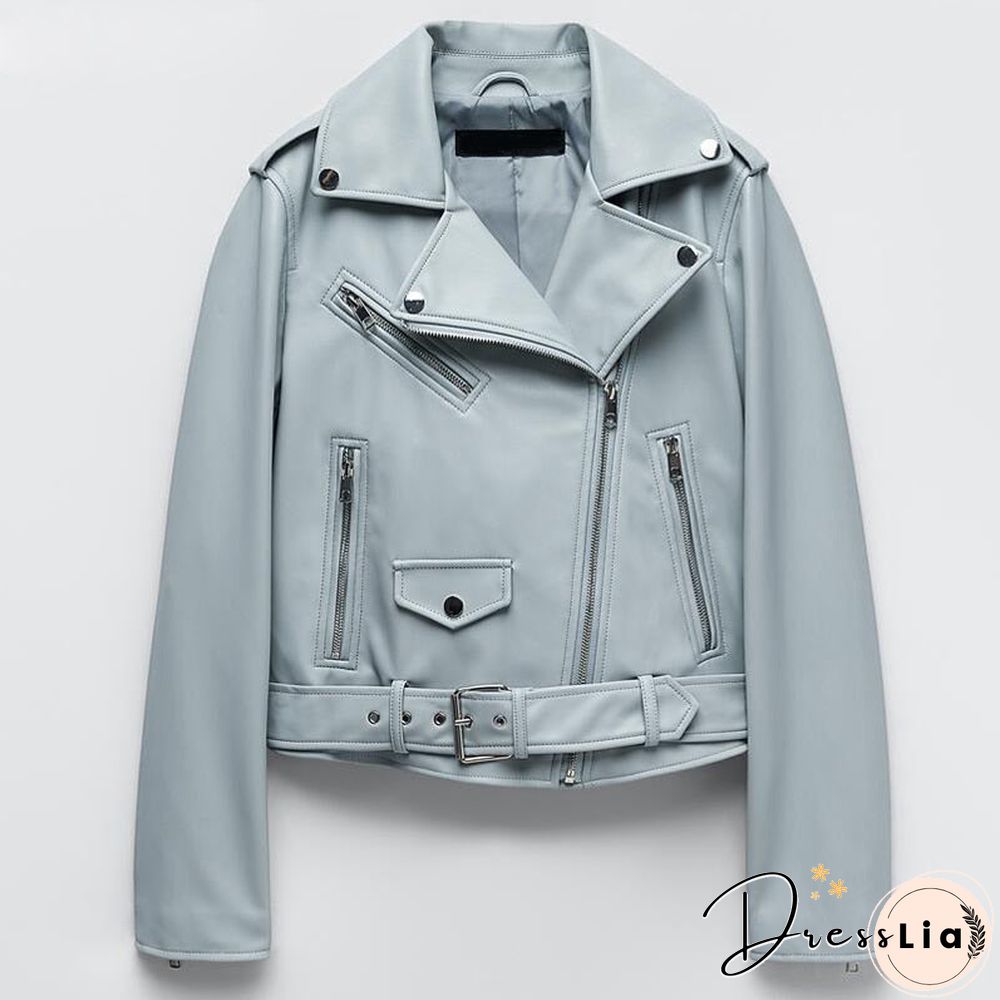 Spring Autumn Women Faux Leather Jacket Ladies Solid With Belt Zipper Biker Coat Female Casual Outwear
