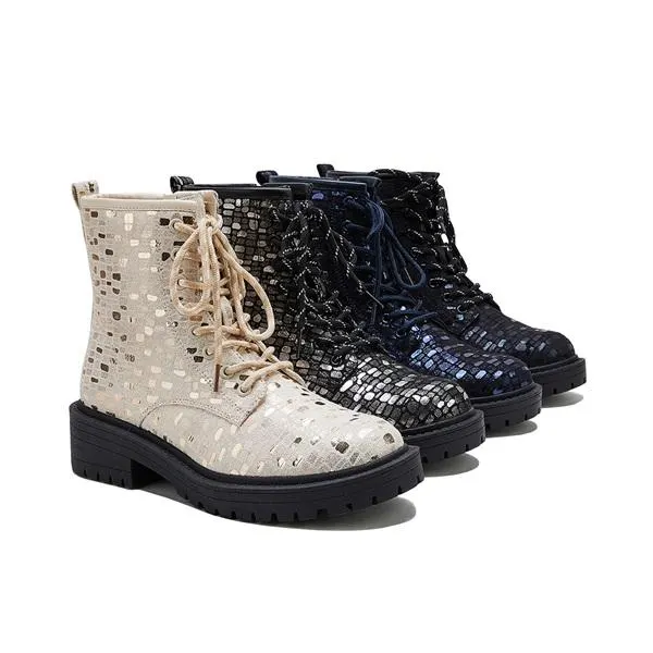 Sequin Pointed Toe Chunky Heel Ankle Boots