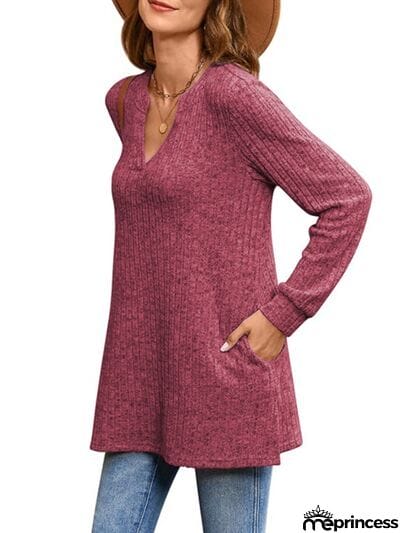 Slit Notched Pocketed Long Sleeve T-Shirt