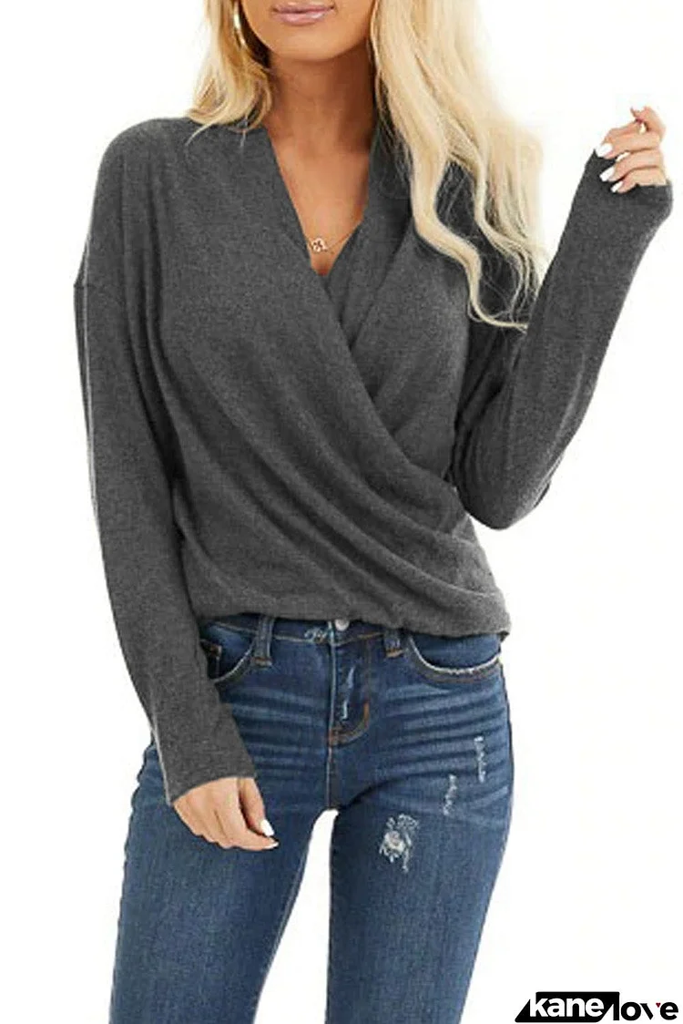 V-Neck Wrap Front Irregular Twist Hem Long Sleeve Top